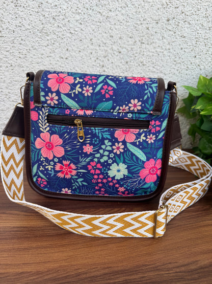 Feista - Blue Pink Flower - 4 Zips - pockets sling bag with Aztec Belt