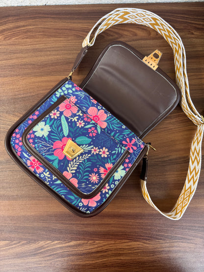 Feista - Blue Pink Flower - 4 Zips - pockets sling bag with Aztec Belt