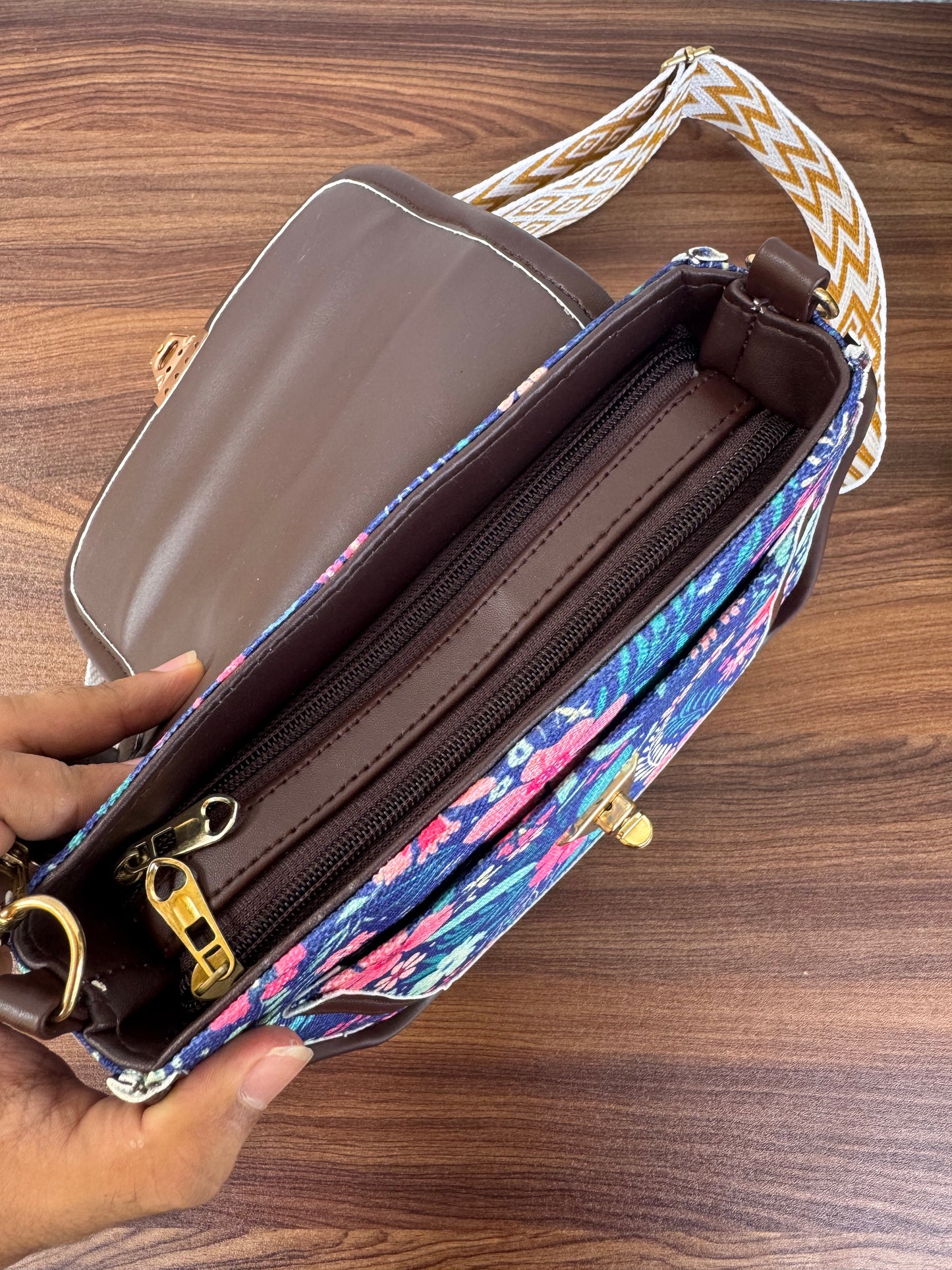 Feista - Blue Pink Flower - 4 Zips - pockets sling bag with Aztec Belt
