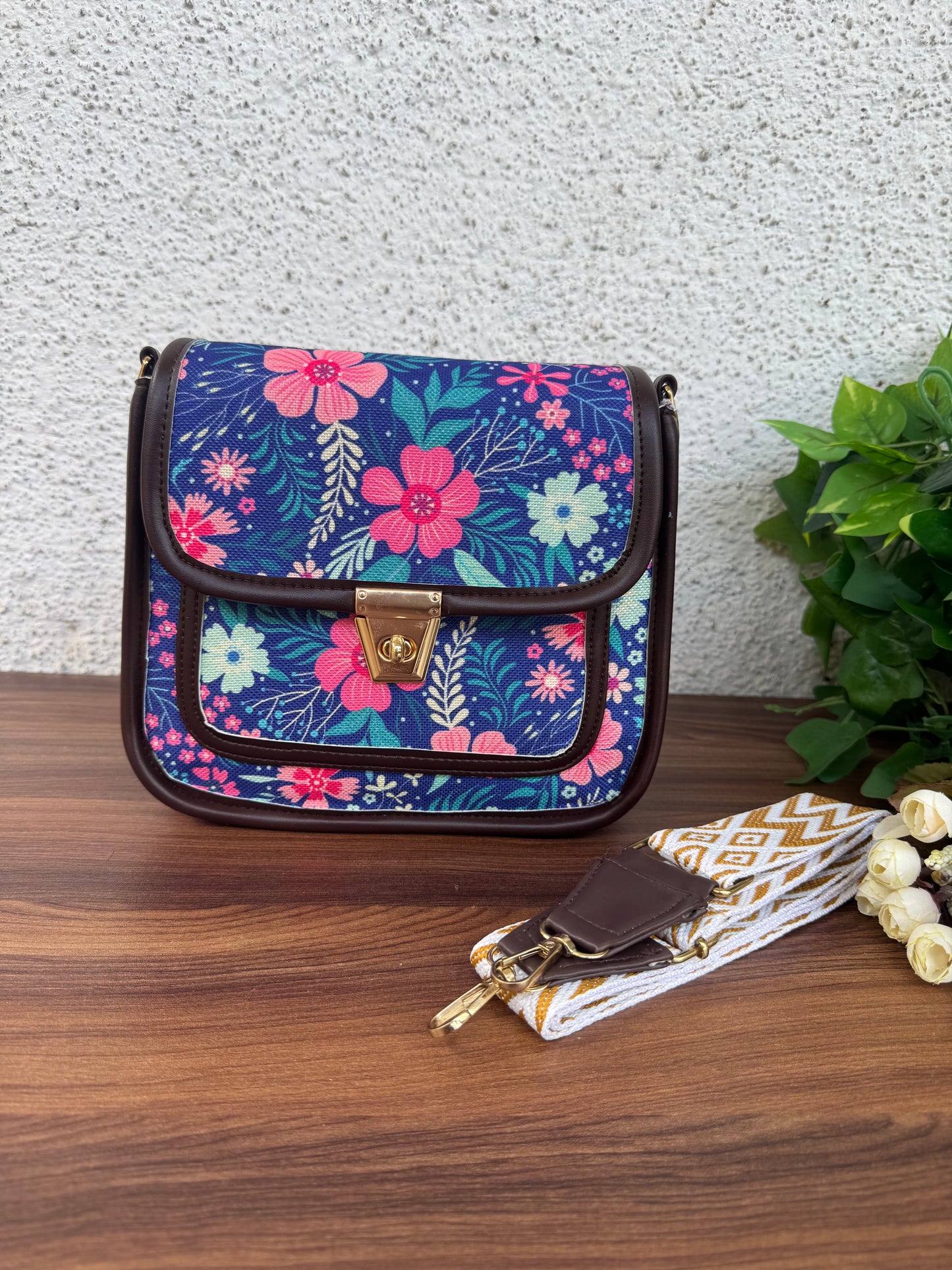 Feista - Blue Pink Flower - 4 Zips - pockets sling bag with Aztec Belt