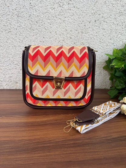Feista - Orange Cream ZigZag - 4 Zips - pockets sling bag with Aztec Belt