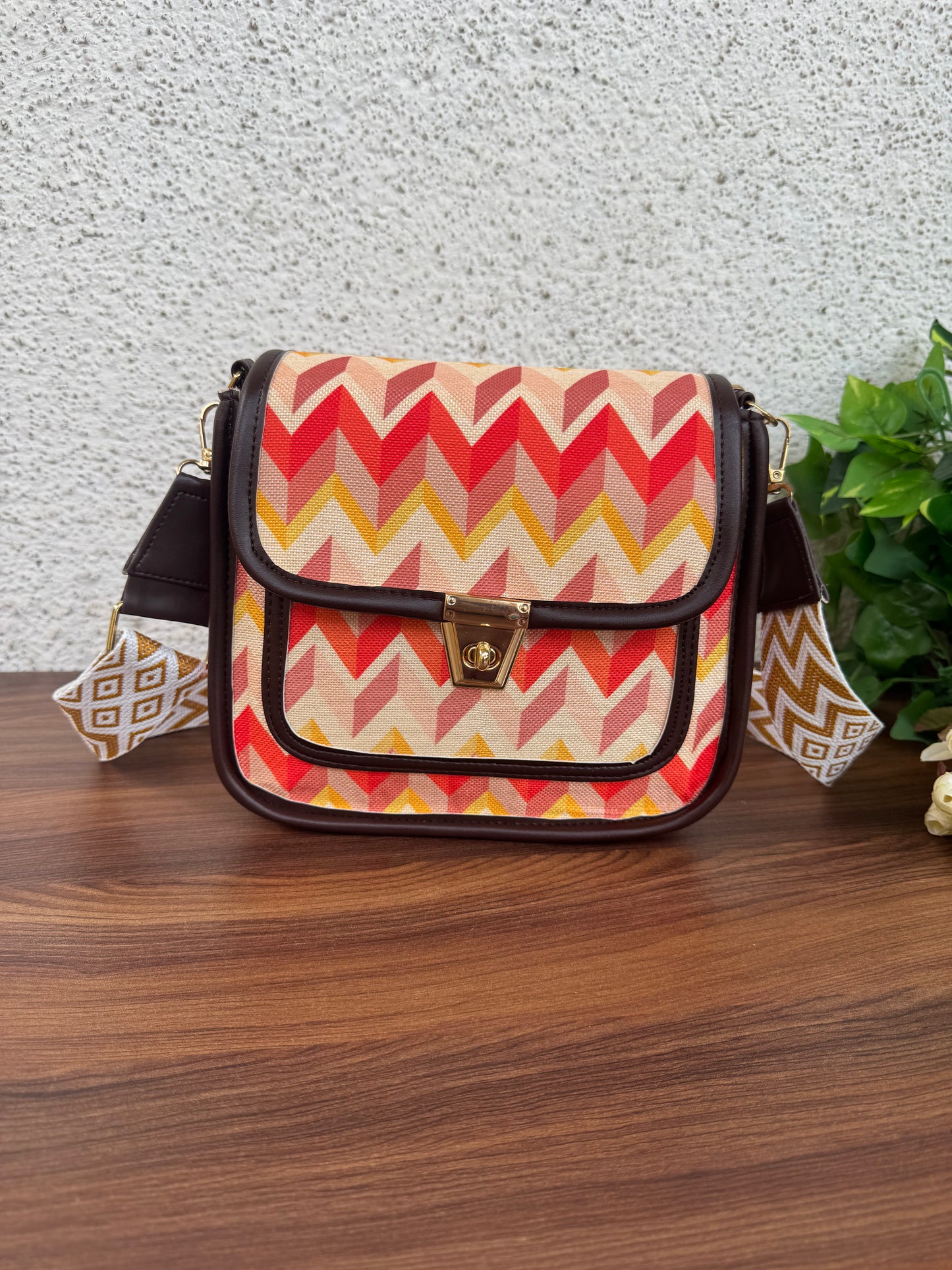 Feista - Orange Cream ZigZag - 4 Zips - pockets sling bag with Aztec Belt