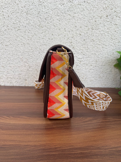Feista - Orange Cream ZigZag - 4 Zips - pockets sling bag with Aztec Belt