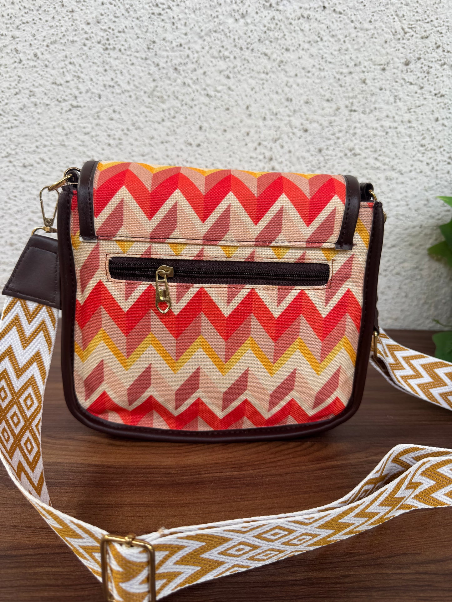 Feista - Orange Cream ZigZag - 4 Zips - pockets sling bag with Aztec Belt