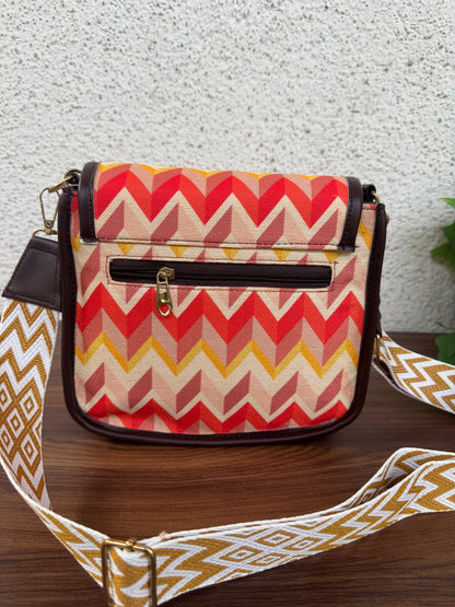 Feista - Orange Cream ZigZag - 4 Zips - pockets sling bag with Aztec Belt