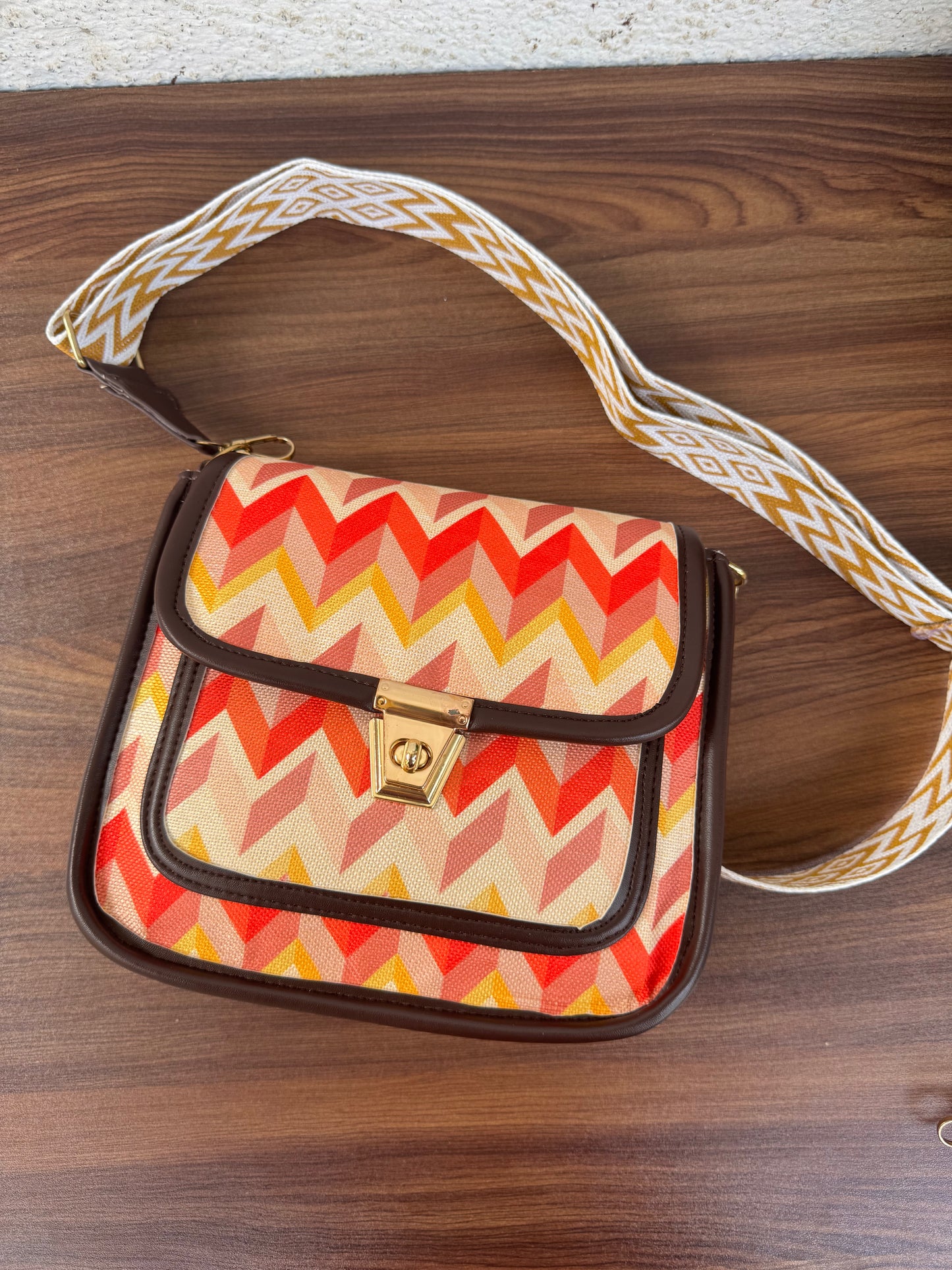 Feista - Orange Cream ZigZag - 4 Zips - pockets sling bag with Aztec Belt