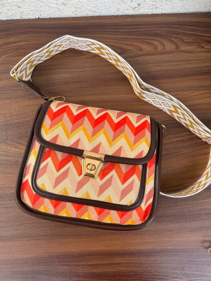 Feista - Orange Cream ZigZag - 4 Zips - pockets sling bag with Aztec Belt