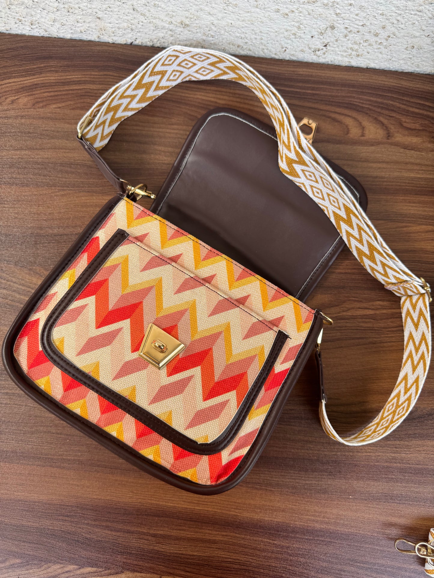Feista - Orange Cream ZigZag - 4 Zips - pockets sling bag with Aztec Belt