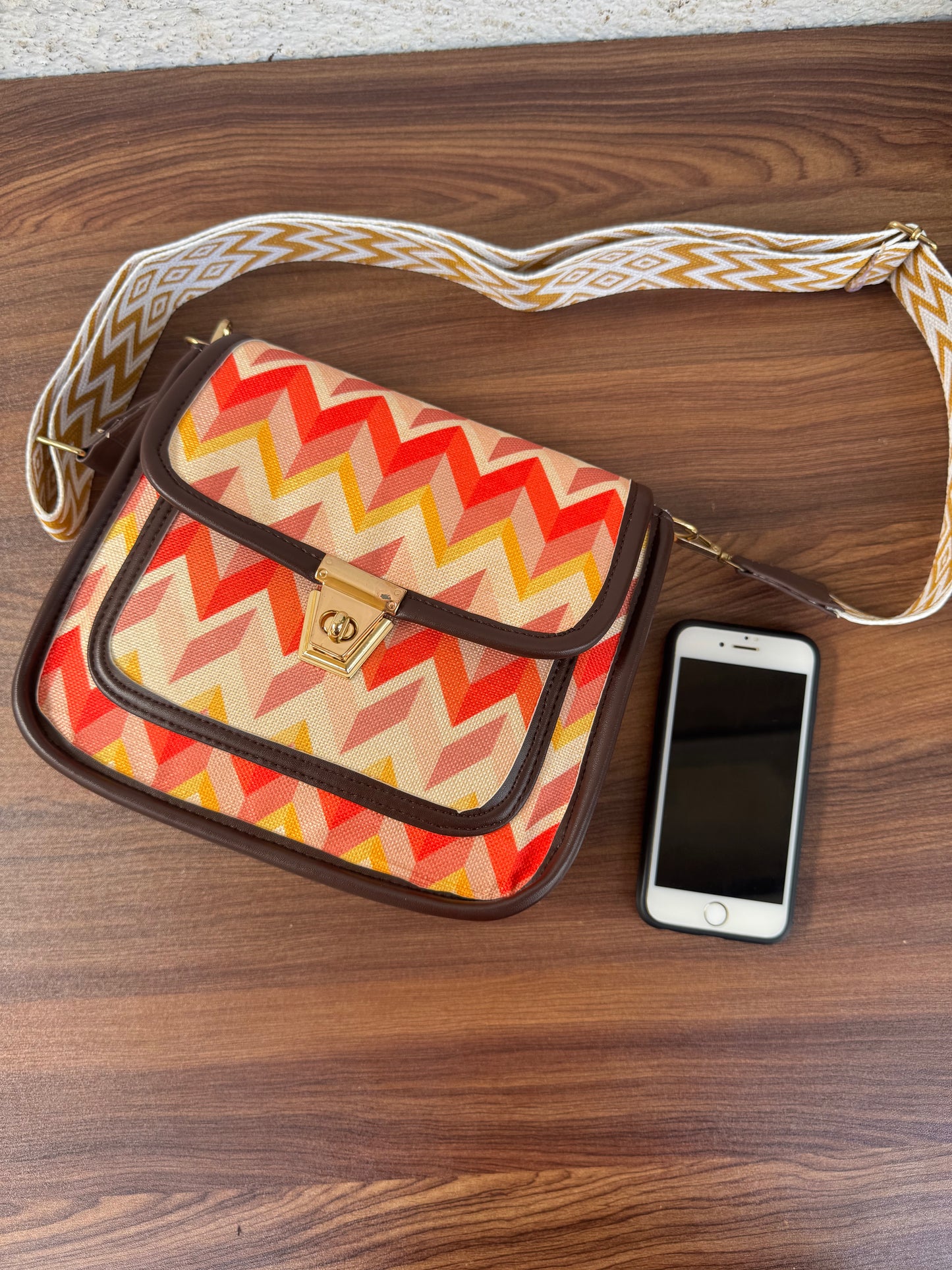 Feista - Orange Cream ZigZag - 4 Zips - pockets sling bag with Aztec Belt