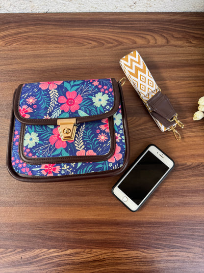 Feista - Blue Pink Flower - 4 Zips - pockets sling bag with Aztec Belt