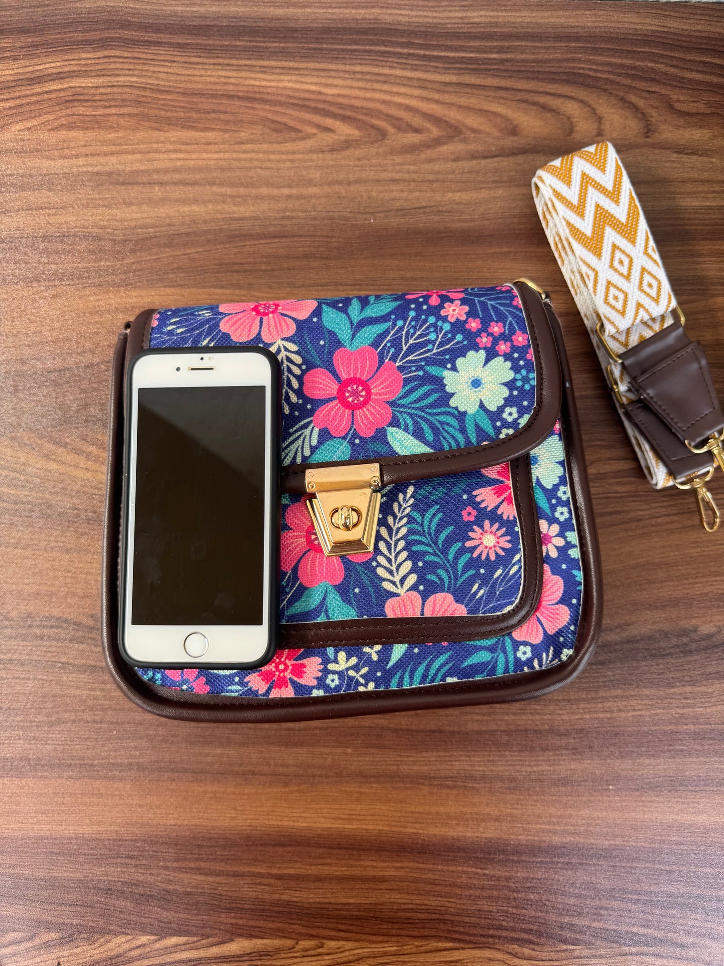 Feista - Blue Pink Flower - 4 Zips - pockets sling bag with Aztec Belt
