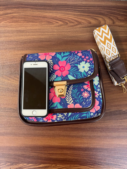 Feista - Blue Pink Flower - 4 Zips - pockets sling bag with Aztec Belt