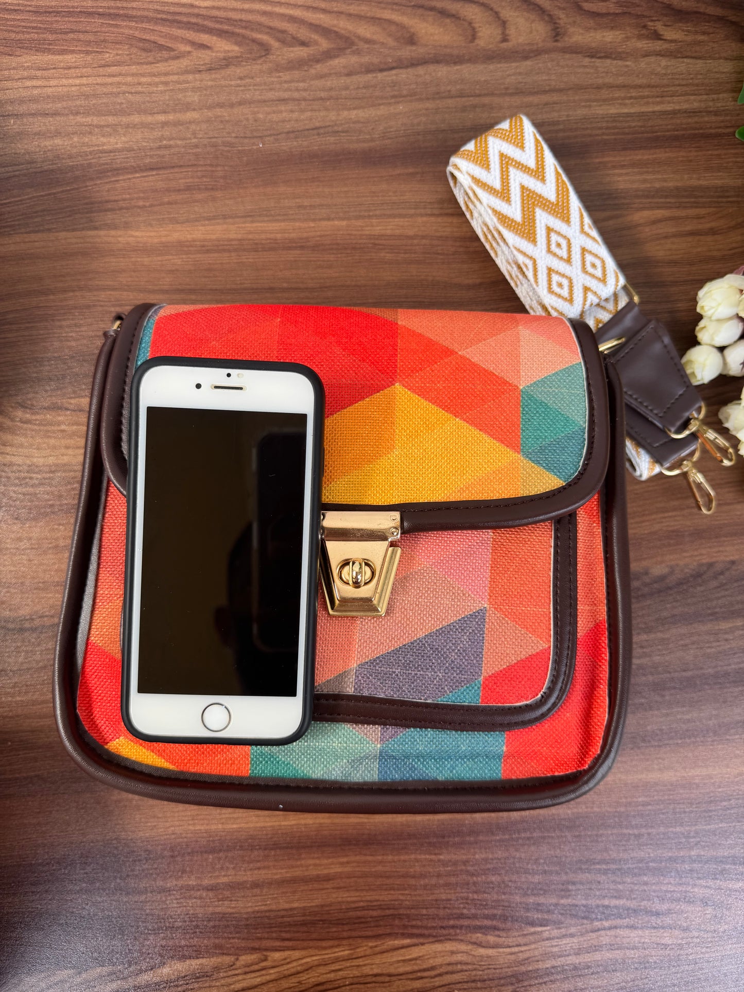 Feista - Orange Abstract - 4 Zips - pockets sling bag with Aztec Belt