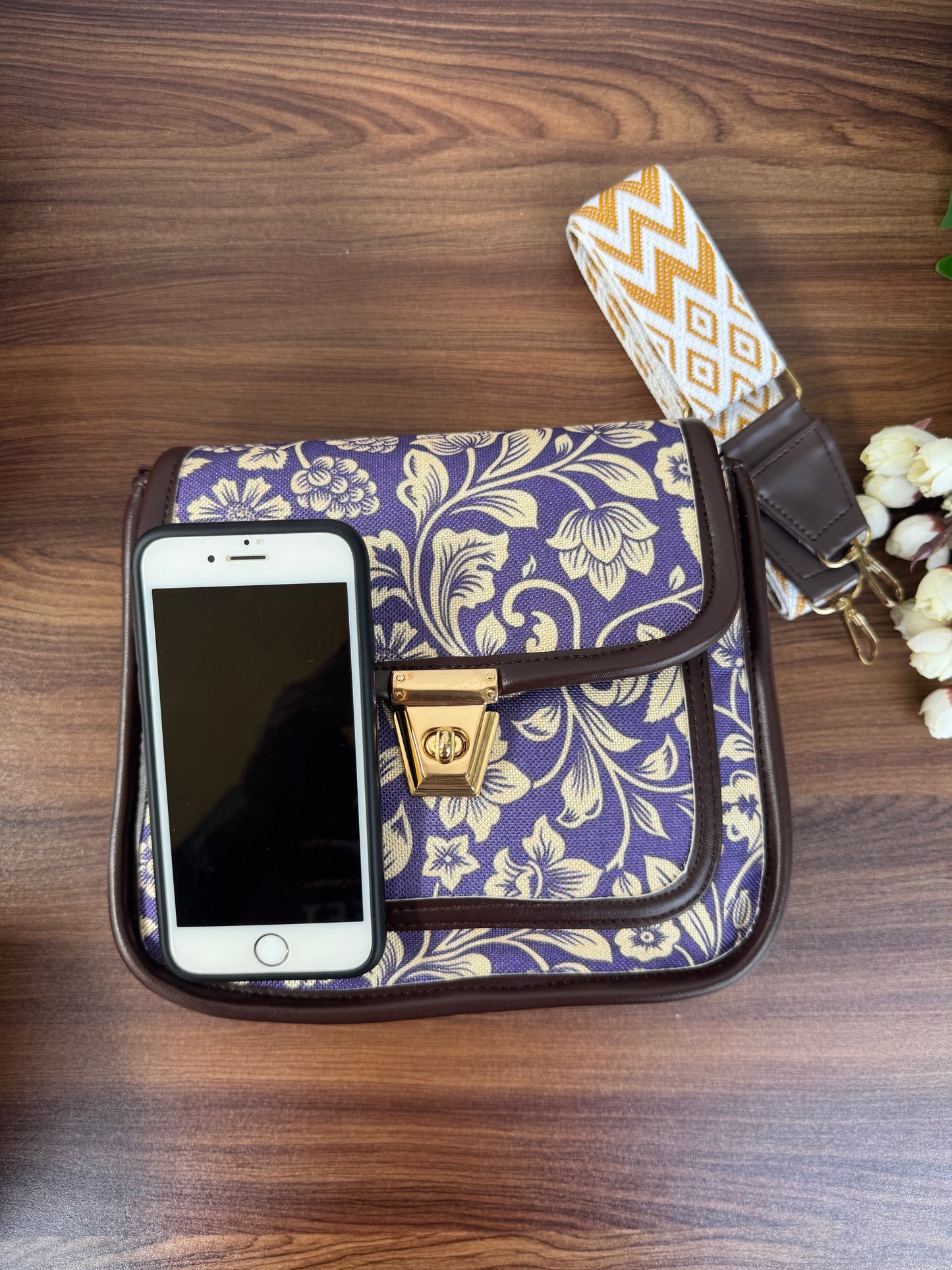 Feista - Purple Flower - 4 Zips - pockets sling bag with Aztec Belt