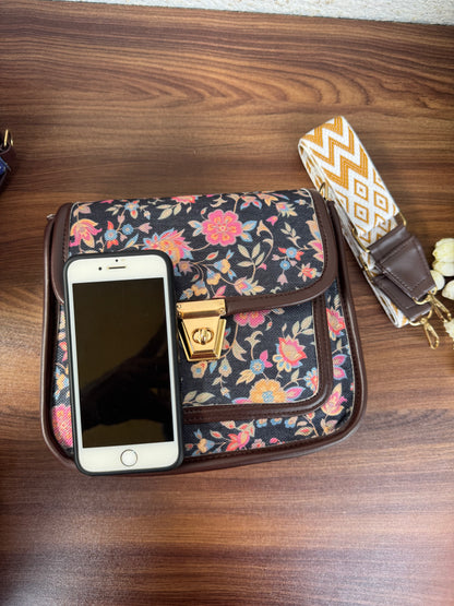 Feista - Black Garden - 4 Zips - pockets sling bag with Aztec Belt