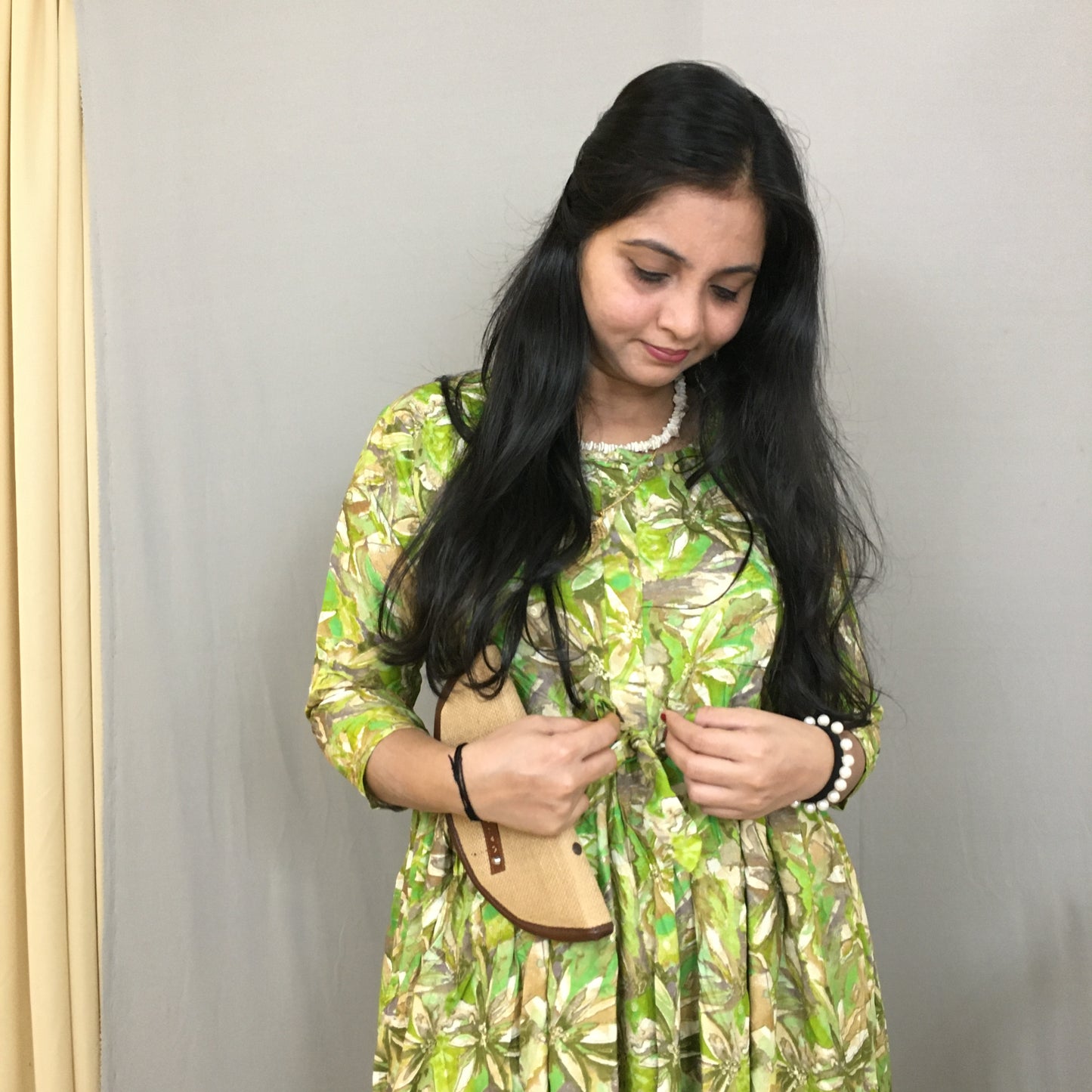 Floral - GREEN - Maternity Kurti with Feeding Zips - Soft Rayon