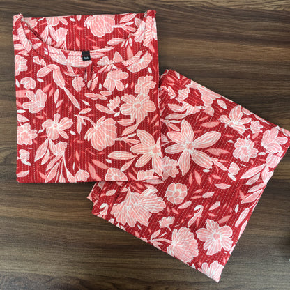 Katha Work - Classy Flowers - Red - Cord Set - Pure Cotton