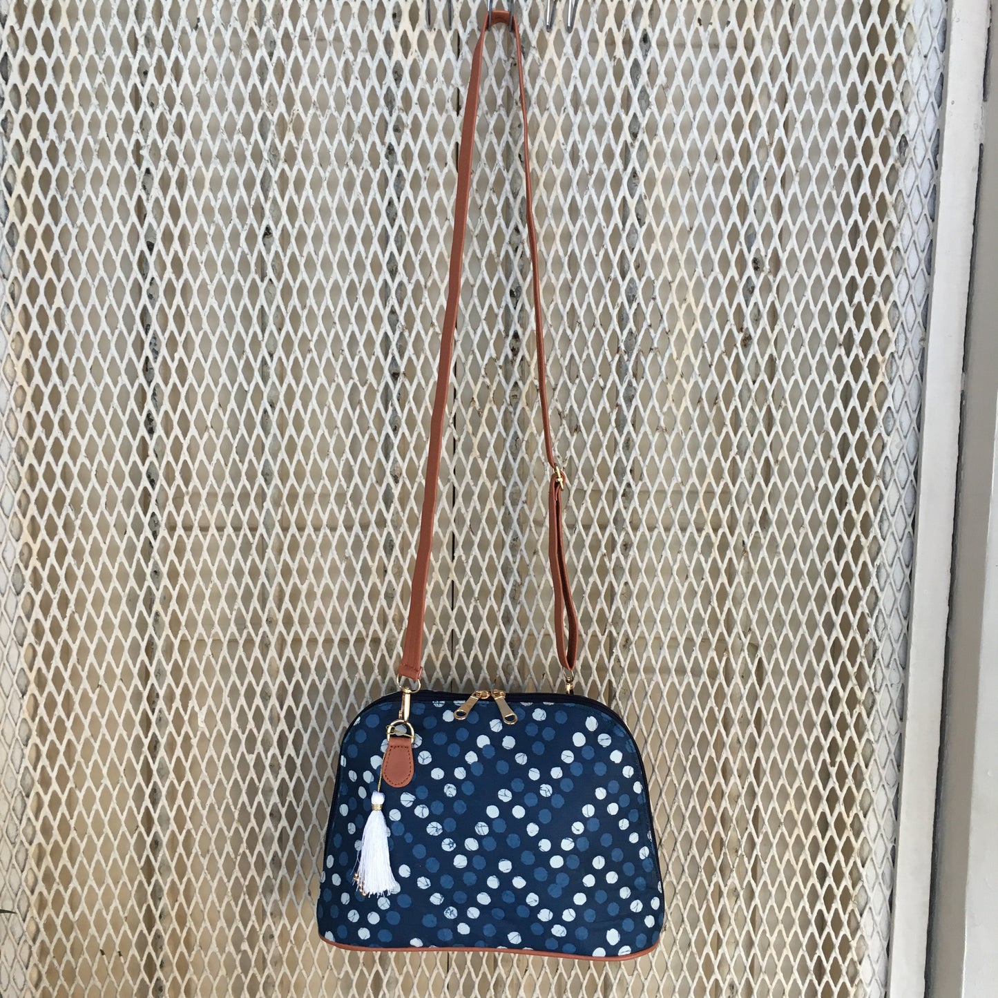 Fioni - Blue Polka Dots - D Shape Sling Bag