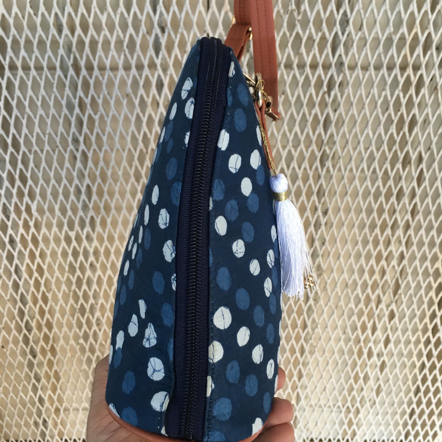 Fioni - Blue Polka Dots - D Shape Sling Bag