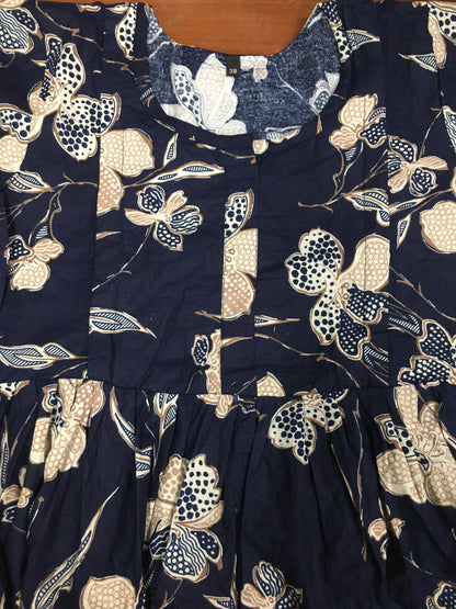 Flower & Leafs - Navy Blue - Maternity Kurti with Feeding Zips - Cotton Flex - Thicker Fabric