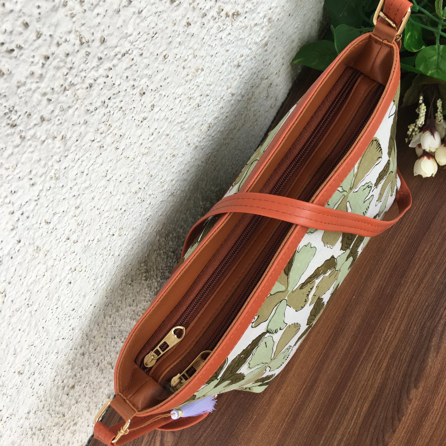 Minsk - 3 zip- Big size - Sling Bag - Flower & Leafs - Green