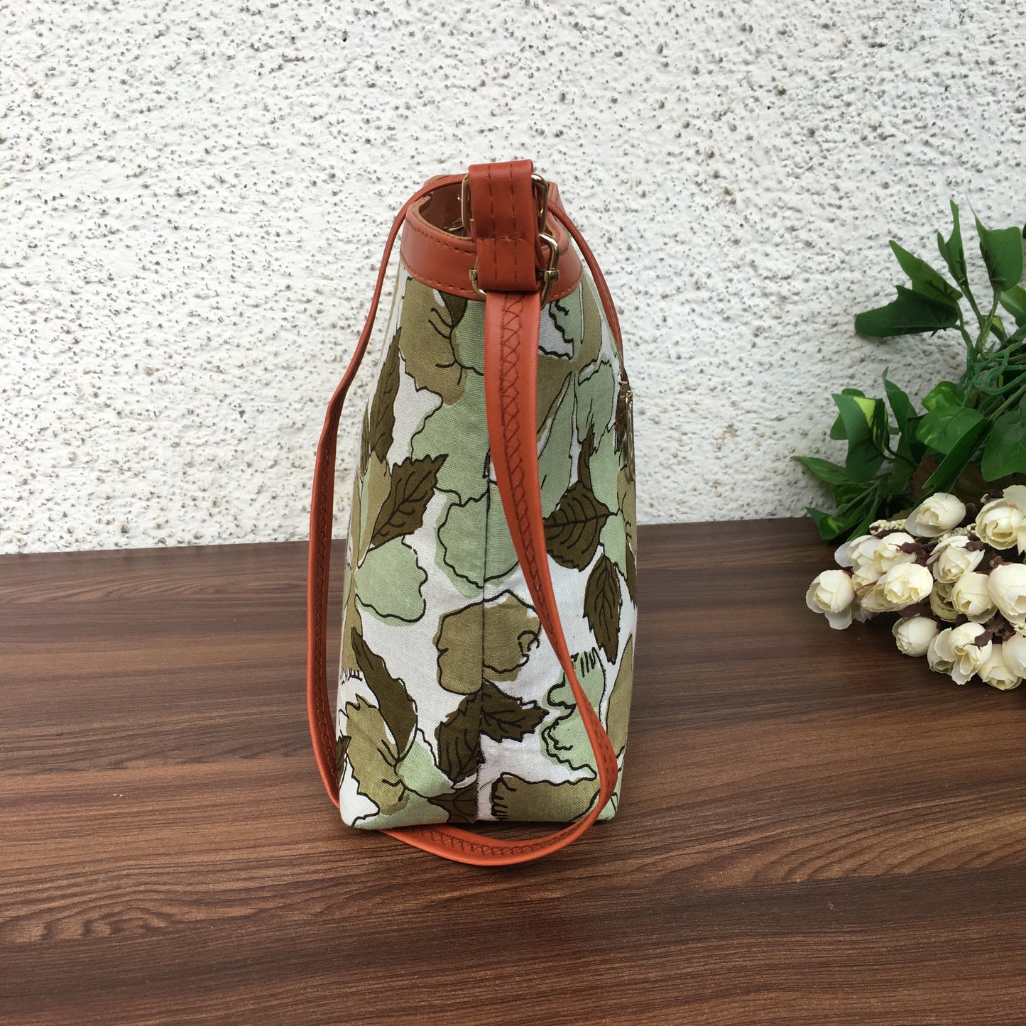 Minsk - 3 zip- Big size - Sling Bag - Flower & Leafs - Green