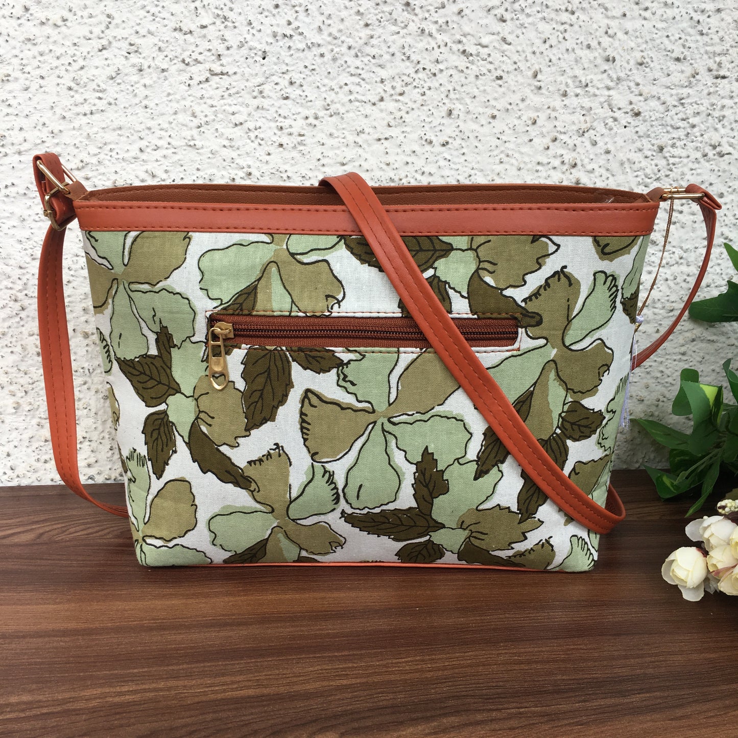 Minsk - 3 zip- Big size - Sling Bag - Flower & Leafs - Green