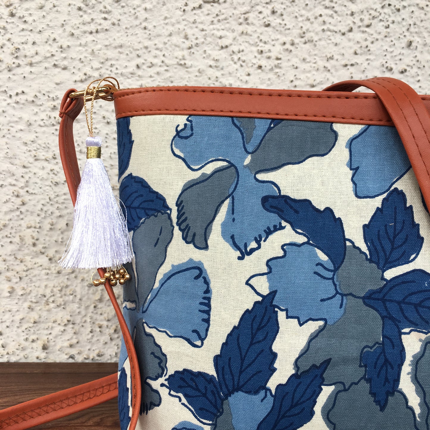 Minsk - 3 zip- Big size - Sling Bag - Flower & Leafs - Dark Blue