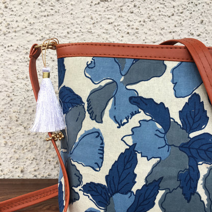 Minsk - 3 zip- Big size - Sling Bag - Flower & Leafs - Dark Blue