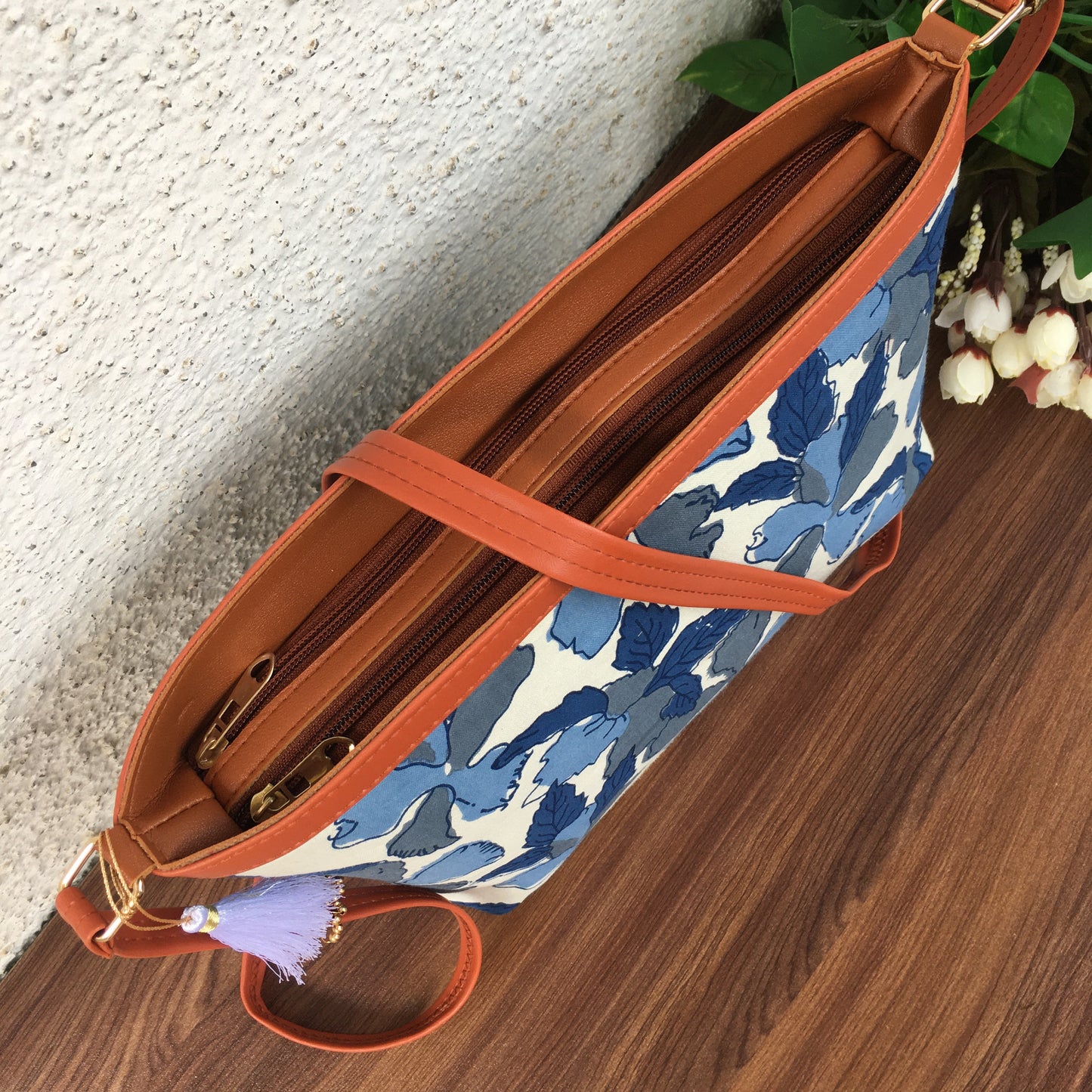 Minsk - 3 zip- Big size - Sling Bag - Flower & Leafs - Dark Blue
