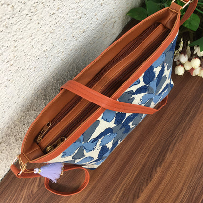 Minsk - 3 zip- Big size - Sling Bag - Flower & Leafs - Dark Blue