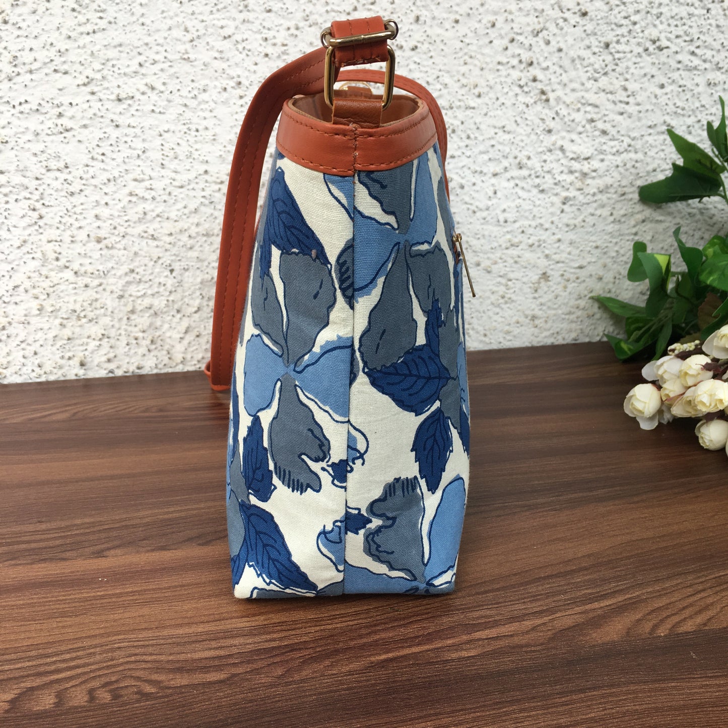 Minsk - 3 zip- Big size - Sling Bag - Flower & Leafs - Dark Blue