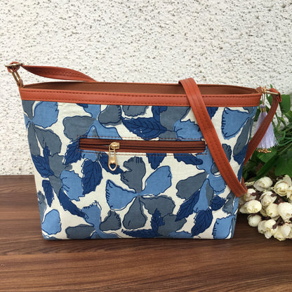 Minsk - 3 zip- Big size - Sling Bag - Flower & Leafs - Dark Blue