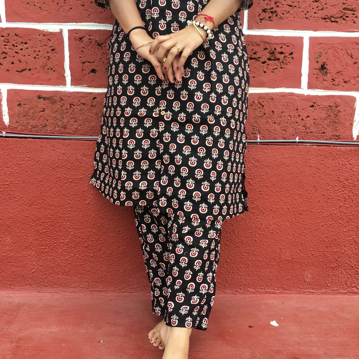 Knee Length- Ajrakh Sunflower Black - Cord Sets - Pure Cotton