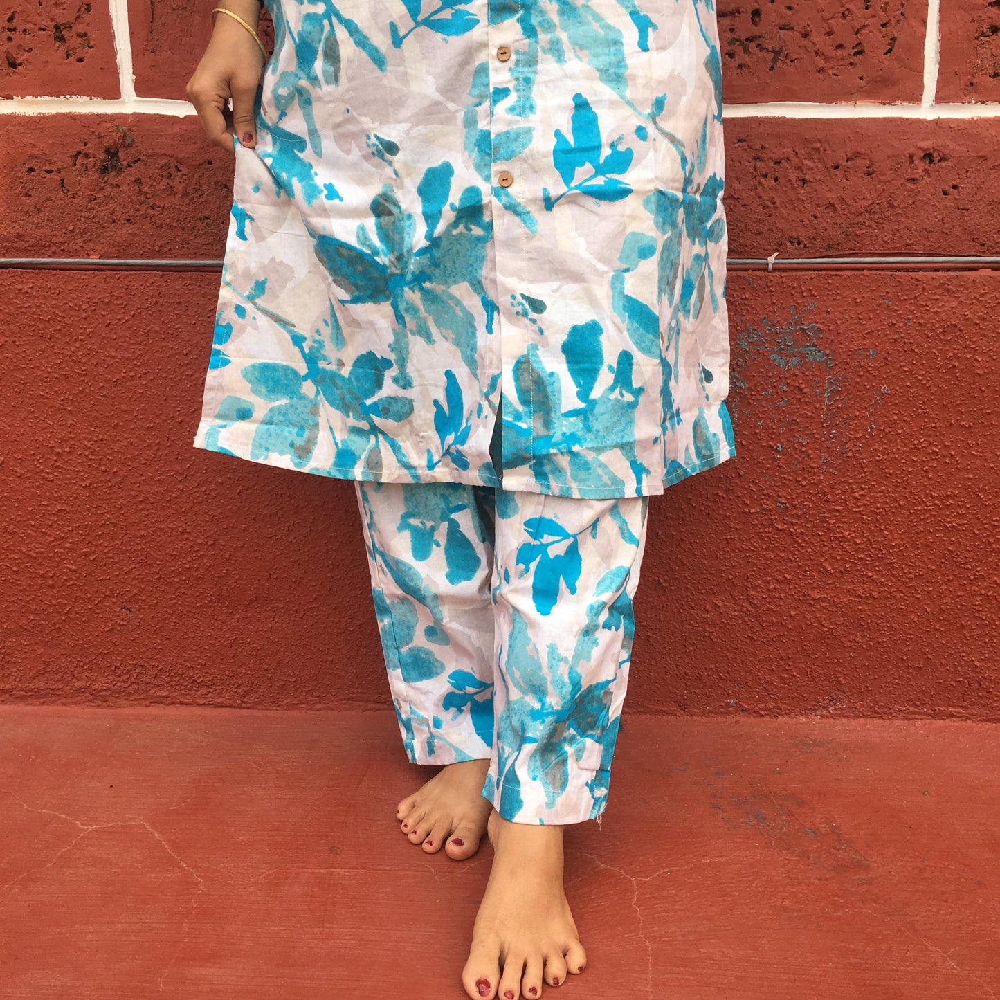 Knee Length - Blue White Petals  - Cord Sets - Pure Cotton