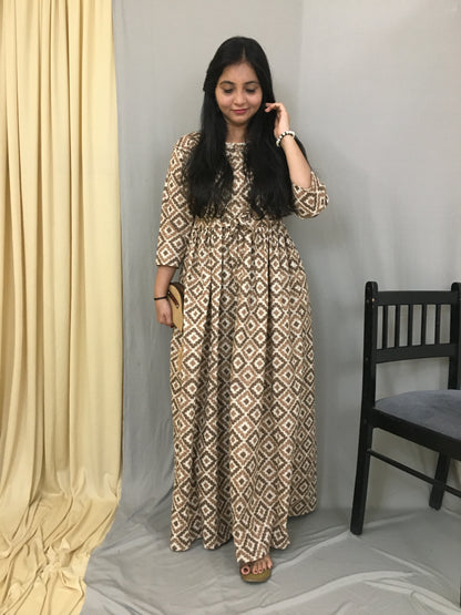 Dessert Brown Cream Square - Maternity Kurti with Feeding Zips