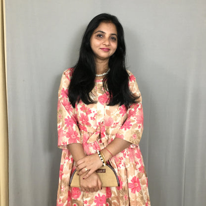 Daisy Baby Pink & Brown - Maternity Kurti with Feeding Zips - Cotton Flex - Thicker Fabric