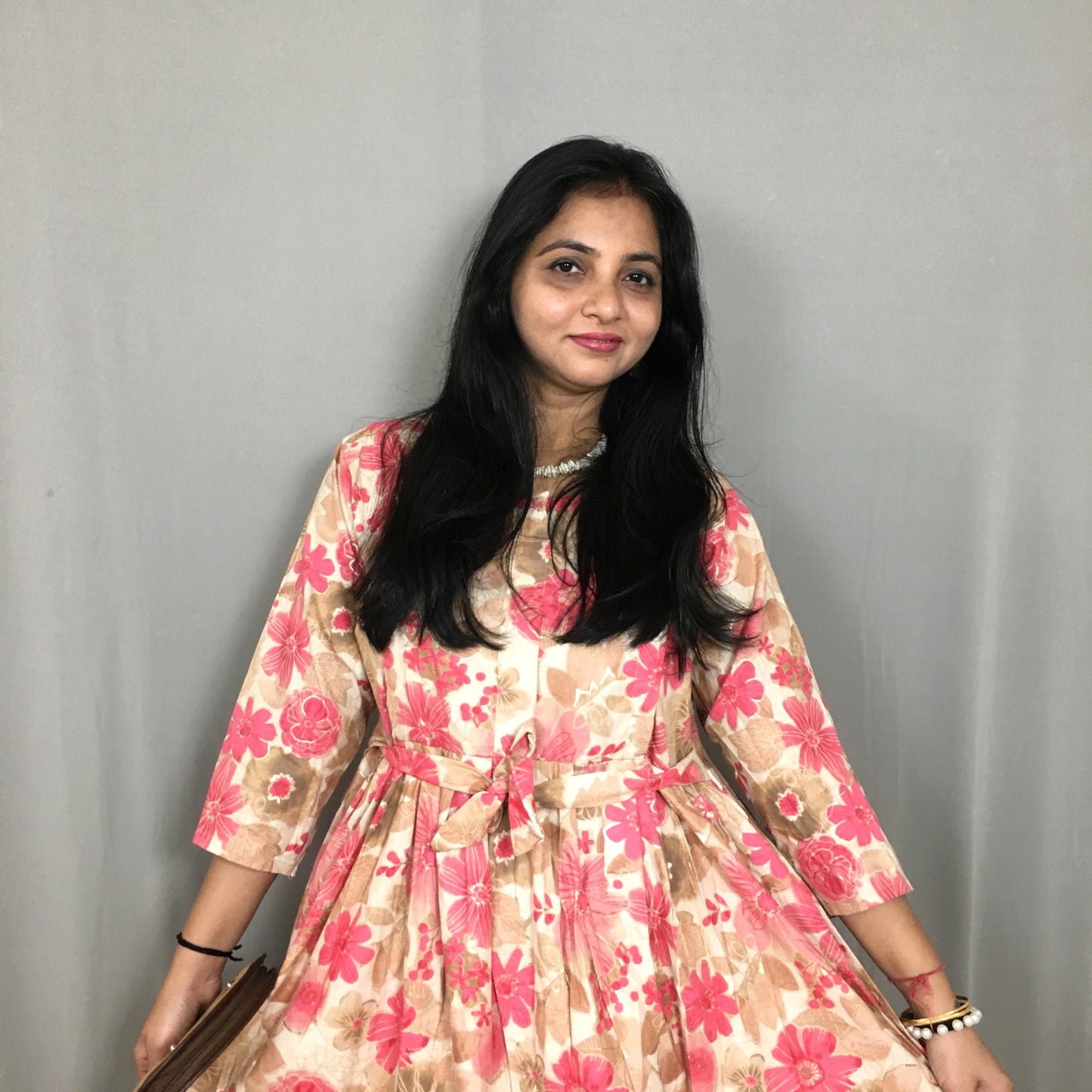 Daisy Baby Pink & Brown - Maternity Kurti with Feeding Zips - Cotton Flex - Thicker Fabric