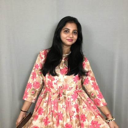 Daisy Baby Pink & Brown - Maternity Kurti with Feeding Zips - Cotton Flex - Thicker Fabric