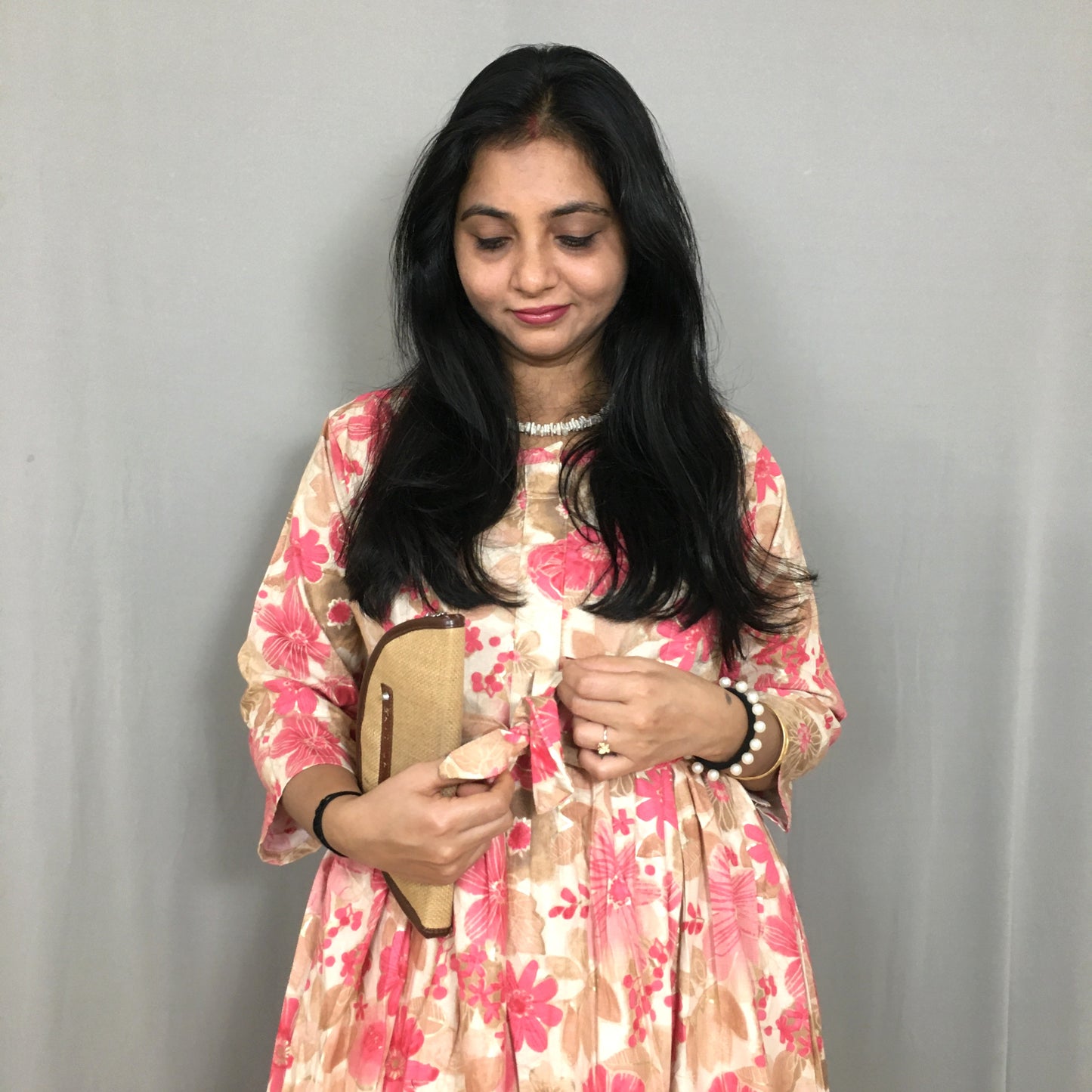 Daisy Baby Pink & Brown - Maternity Kurti with Feeding Zips - Cotton Flex - Thicker Fabric