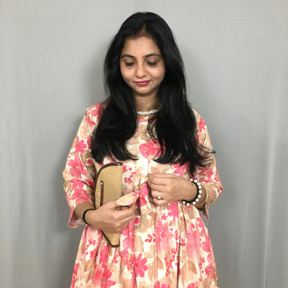 Daisy Baby Pink & Brown - Maternity Kurti with Feeding Zips - Cotton Flex - Thicker Fabric
