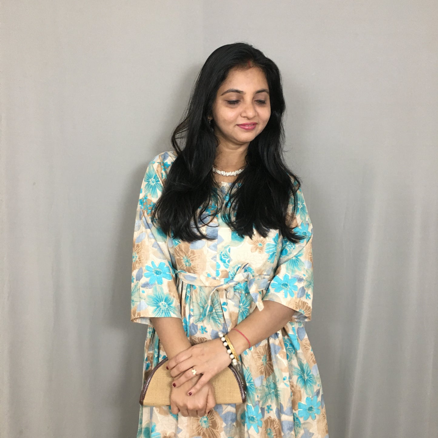Daisy Sea Green & Brown - Maternity Kurti with Feeding Zips - Cotton Flex - Thicker Fabric