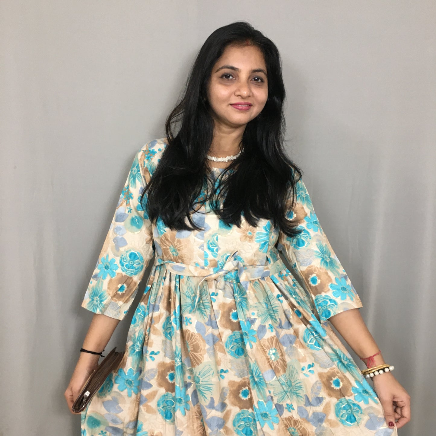 Daisy Sea Green & Brown - Maternity Kurti with Feeding Zips - Cotton Flex - Thicker Fabric