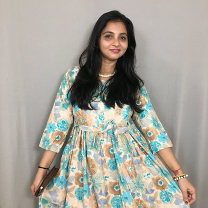 Daisy Sea Green & Brown - Maternity Kurti with Feeding Zips - Cotton Flex - Thicker Fabric