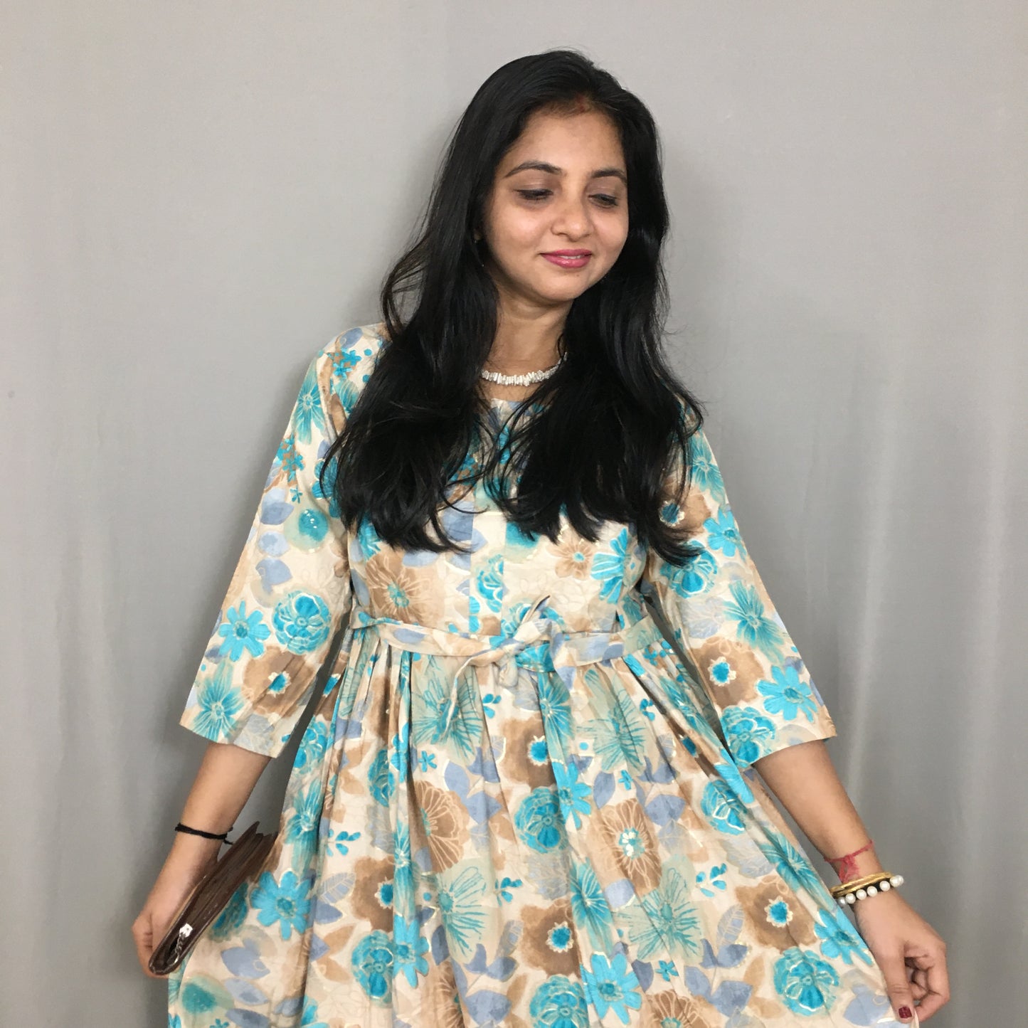 Daisy Sea Green & Brown - Maternity Kurti with Feeding Zips - Cotton Flex - Thicker Fabric