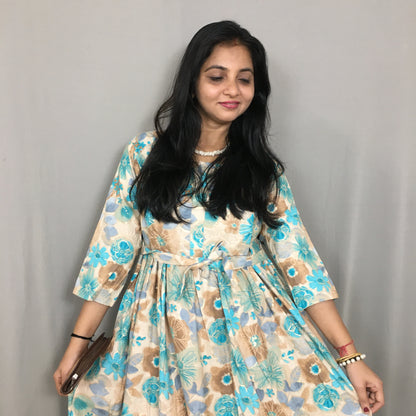 Daisy Sea Green & Brown - Maternity Kurti with Feeding Zips - Cotton Flex - Thicker Fabric