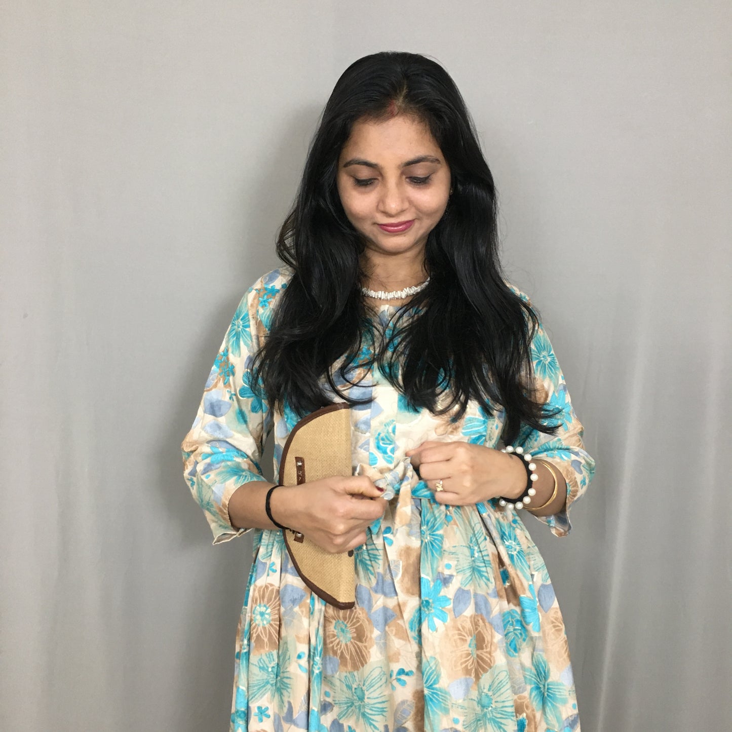 Daisy Sea Green & Brown - Maternity Kurti with Feeding Zips - Cotton Flex - Thicker Fabric