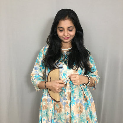 Daisy Sea Green & Brown - Maternity Kurti with Feeding Zips - Cotton Flex - Thicker Fabric