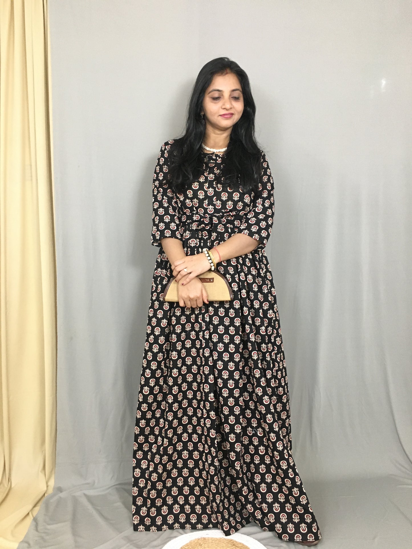 Ajrakh Sunflower Black - Maternity Kurti with Feeding Zips - Cotton Flex - Thicker Fabric