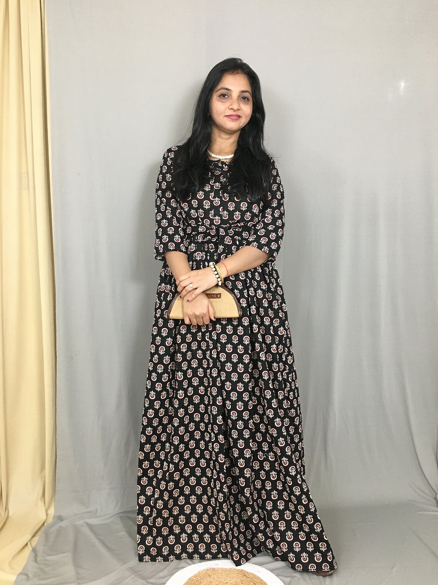 Ajrakh Sunflower Black - Maternity Kurti with Feeding Zips - Cotton Flex - Thicker Fabric